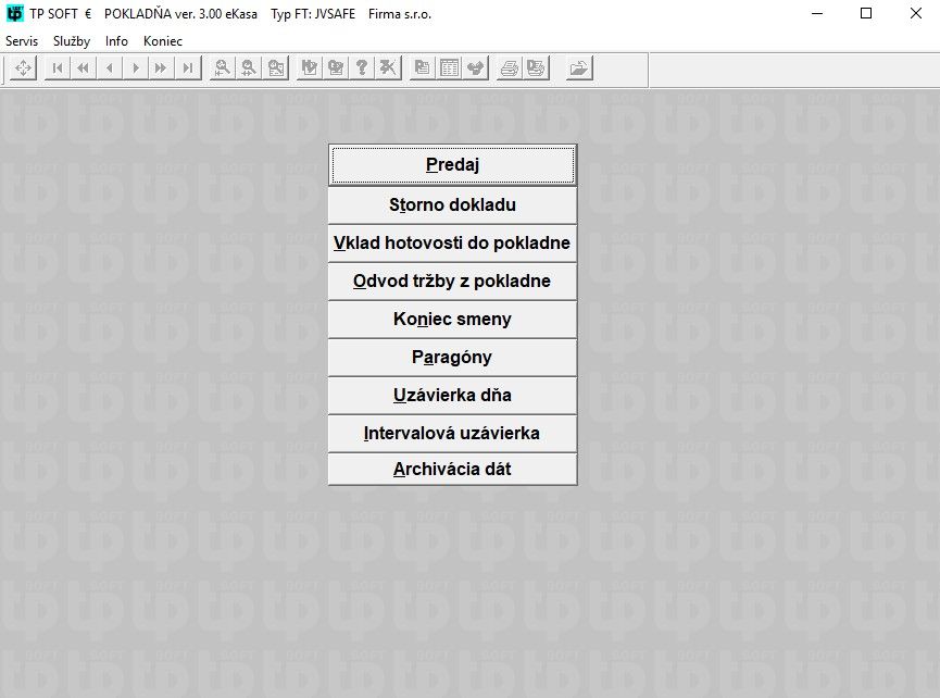 Úvodná obrazovka programu Pokladňa pre eKasa TP SOFT