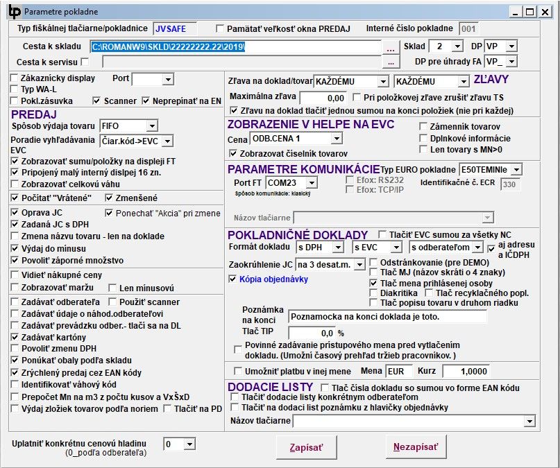 Parametre programu Pokladňa pre eKasa TP SOFT